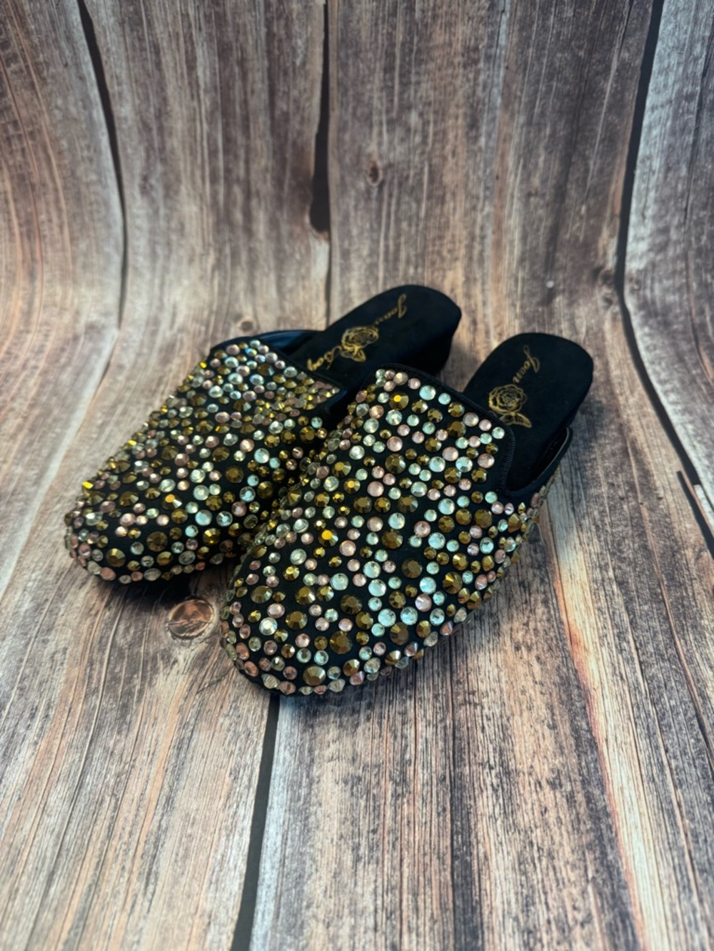 Like New Joan Boyce Black Jeweled Slip-On Mules Size 6.5 Item #PHK7518